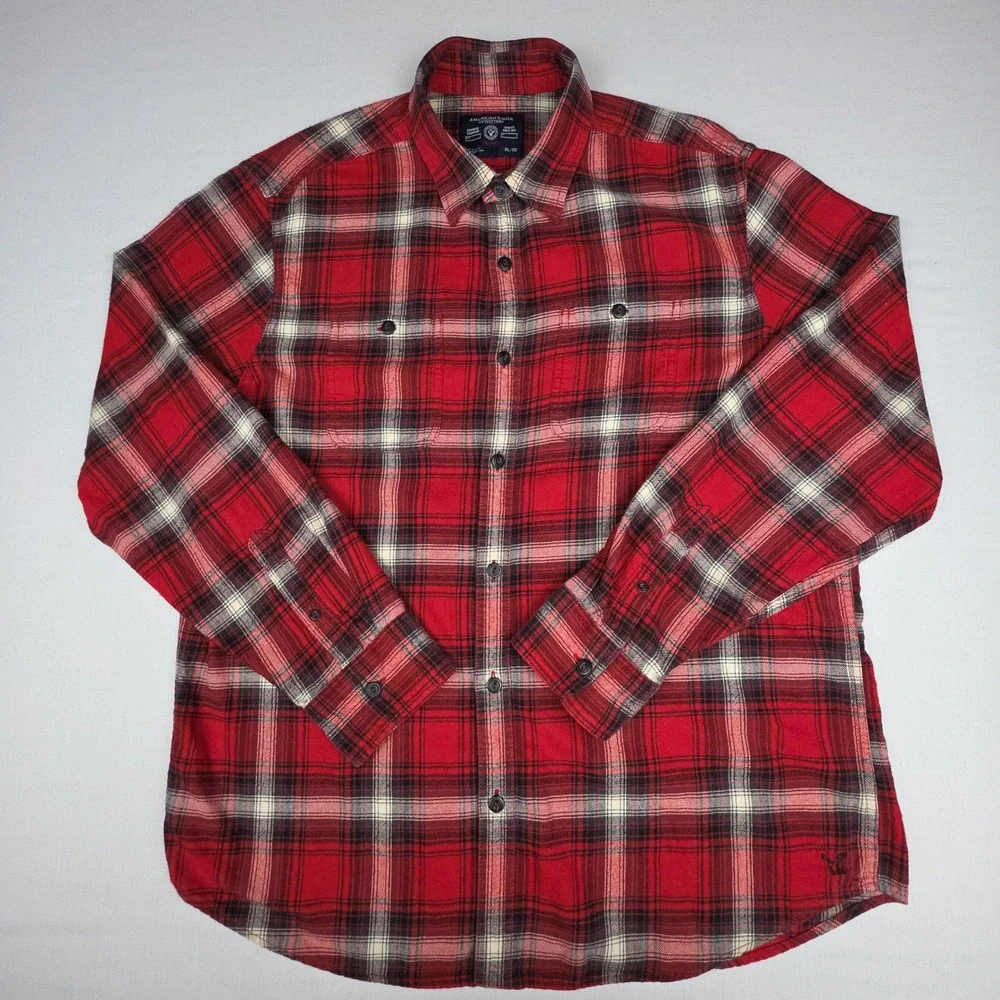 American Eagle Prep Fit Plaid Button Down Shirt Mens XL Red Flannel Cotton
